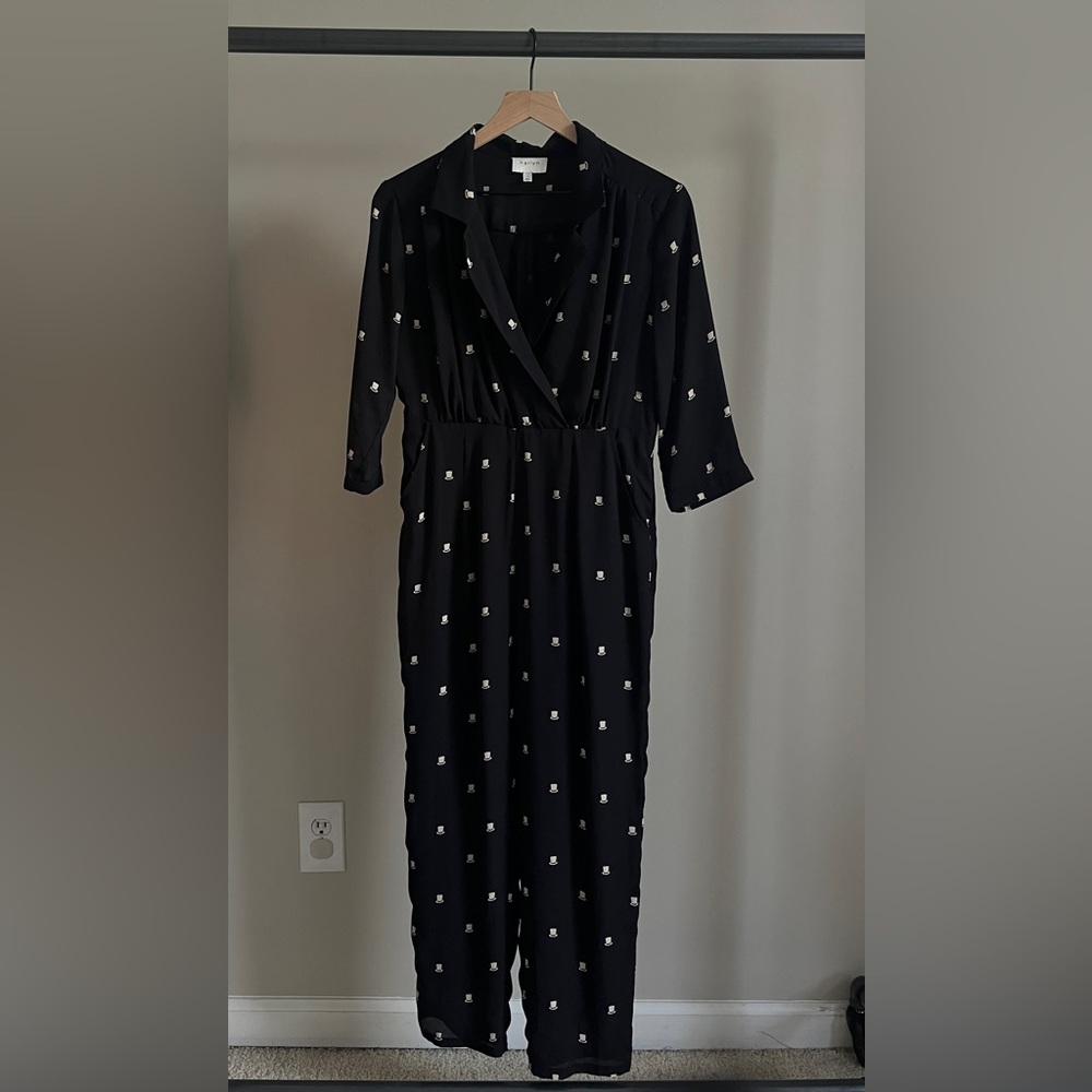 Black straight leg printed utility jumpsuit